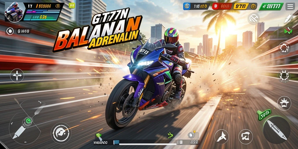 Screenshot gameplay GT777 menampilkan aksi balapan motor yang mendebarkan.
