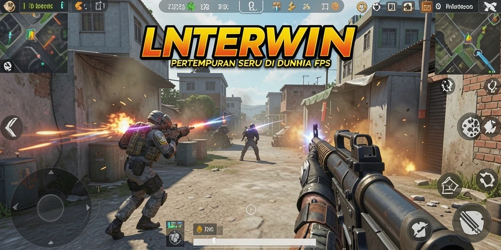 Screenshot LNTERWIN menampilkan aksi pertempuran intens di dunia FPS.