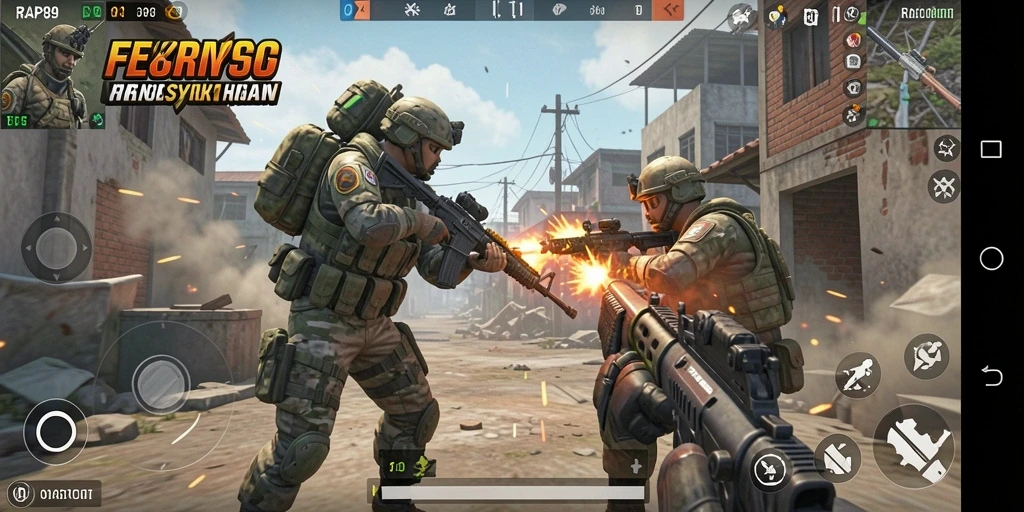 Screenshot menunjukkan aksi seru dalam pertempuran FPS di RAP89.