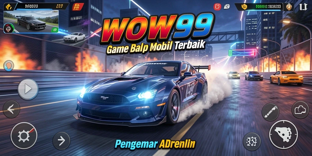 Screenshot menunjukkan aksi balap mendebarkan di WOW99 dengan mobil kecepatan tinggi.